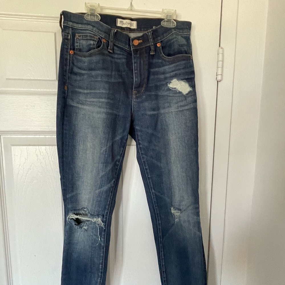 Madewell Jeans Womens High Riser Skinny Torn Knee Distressed Blue Denim Size 27